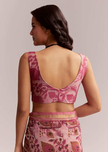 Pink Linen Printed Saree With Traditional Ajrakh Hand Block Print