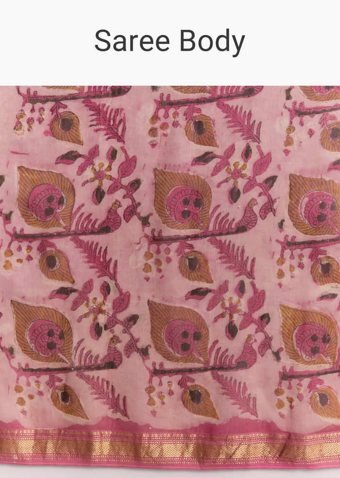 Pink Linen Printed Saree With Traditional Ajrakh Hand Block Print