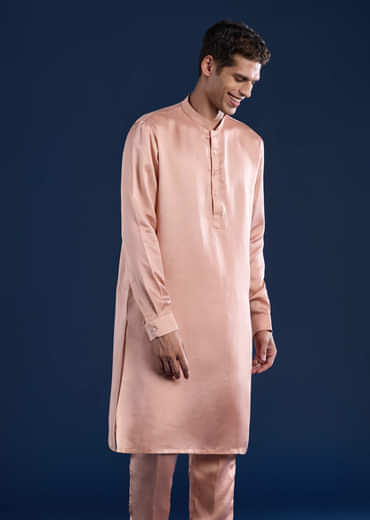 Pink Linen Silk Jacket Kurta Set with Zari Work