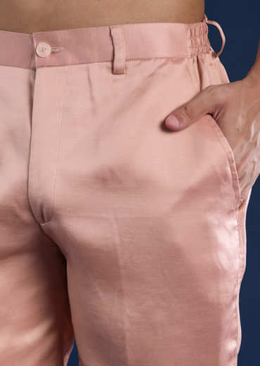 Pink Linen Silk Jacket Kurta Set with Zari Work