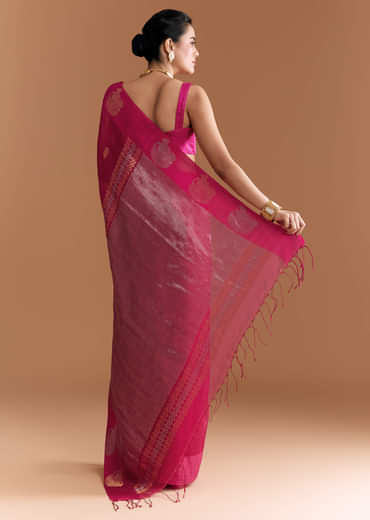 Pink Linen Woven Saree With Brocade And Zari Work