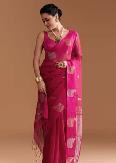 Pink Linen Woven Saree With Brocade And Zari Work