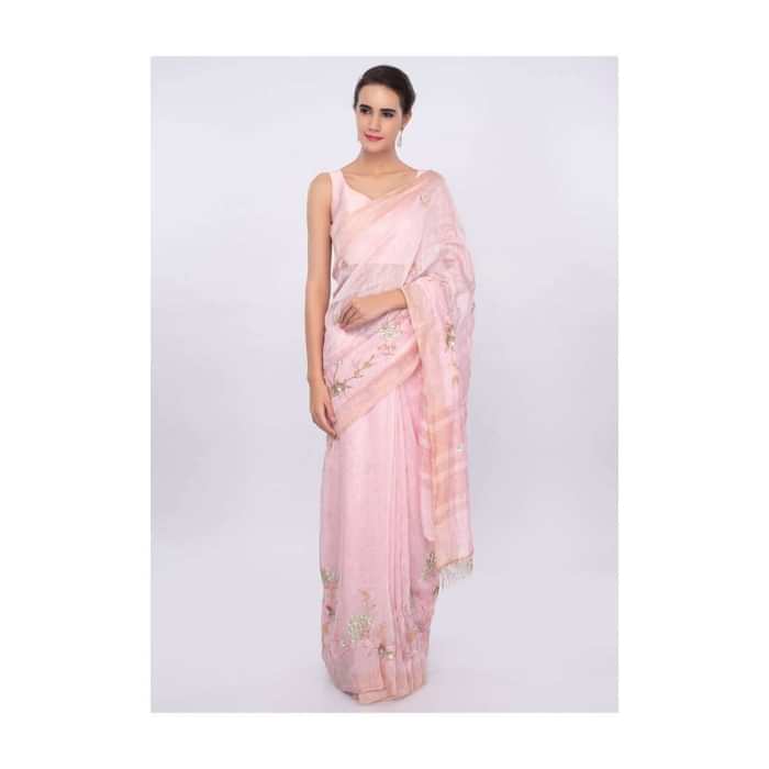 Pink linen saree with self thread , sequins and cut dana embroidery only on Kalki