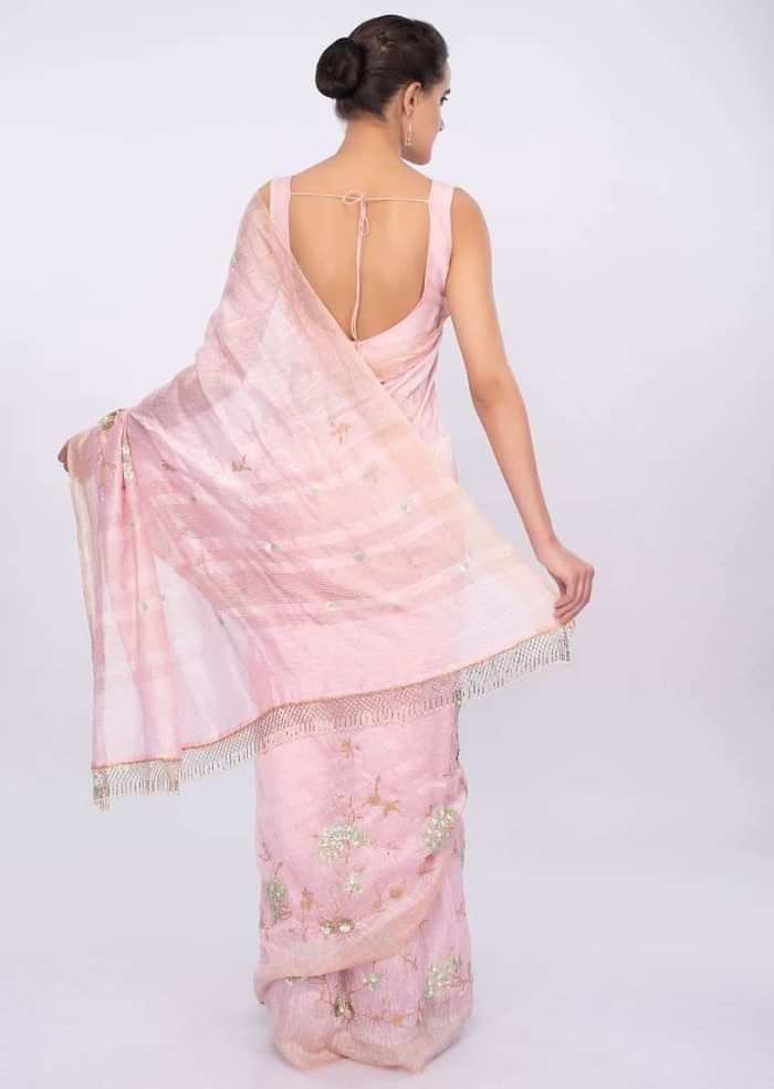 Pink linen saree with self thread , sequins and cut dana embroidery only on Kalki