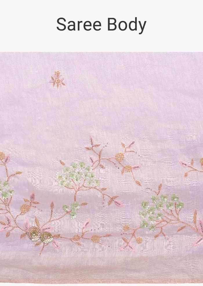 Pink linen saree with self thread , sequins and cut dana embroidery only on Kalki