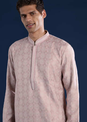 Pink Mens Jacquard Self Work Straight Kurta and Pant Set