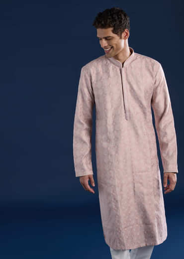 Pink Mens Jacquard Self Work Straight Kurta and Pant Set