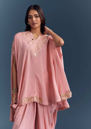 Pink Muslin Cape Top And Dhoti Set With Gota Work