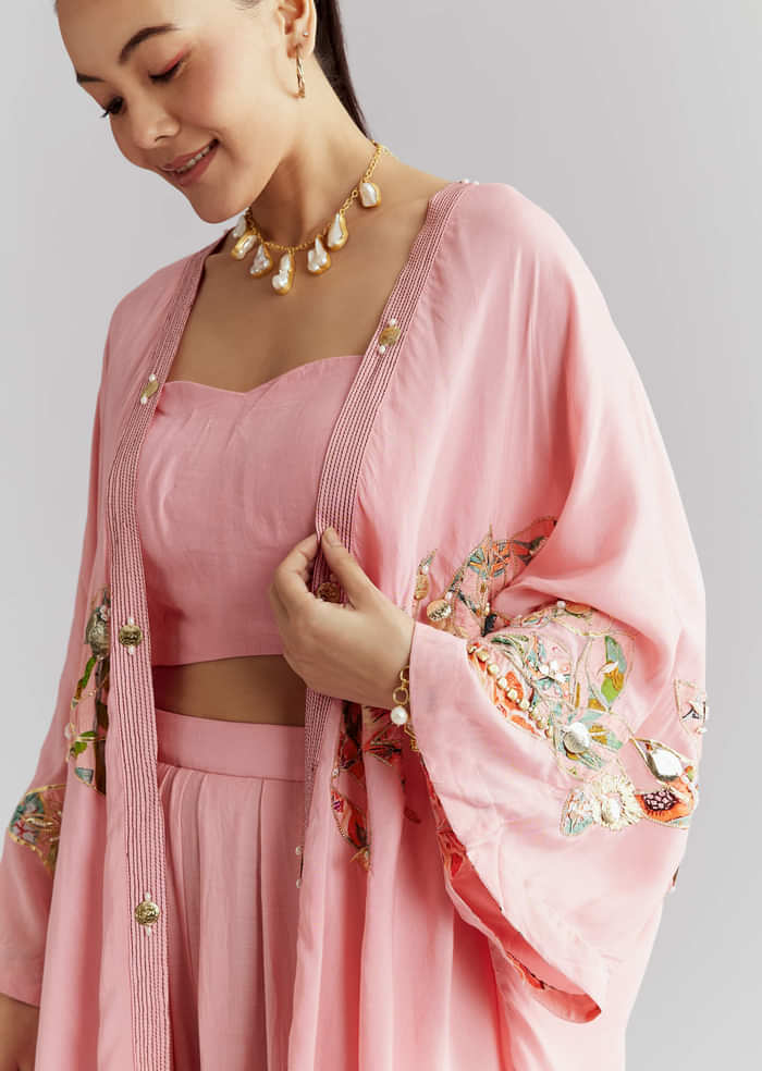 Pink Muslin Crop Top And Jacket Set With Gotta Work