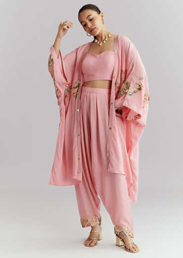 Pink Muslin Crop Top And Jacket Set With Gotta Work