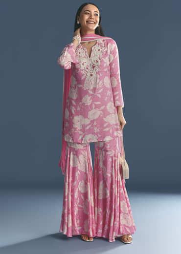 Pink Muslin Floral Print Kurta Sharara Suit With Moti Cutdana Work