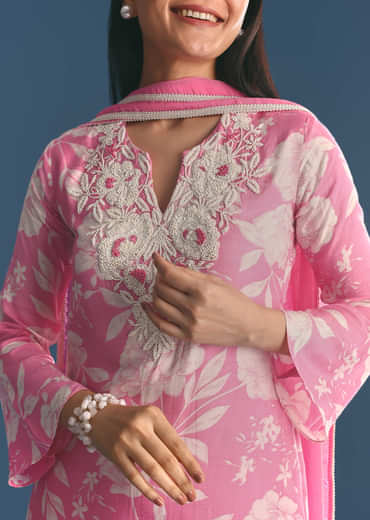 Pink Muslin Floral Print Kurta Sharara Suit With Moti Cutdana Work