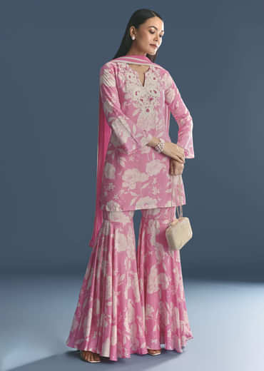 Pink Muslin Floral Print Kurta Sharara Suit With Moti Cutdana Work