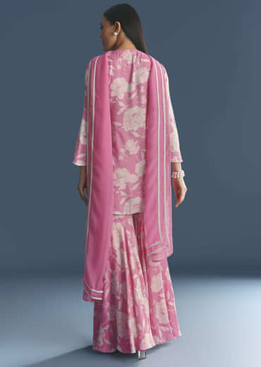 Pink Muslin Floral Print Kurta Sharara Suit With Moti Cutdana Work