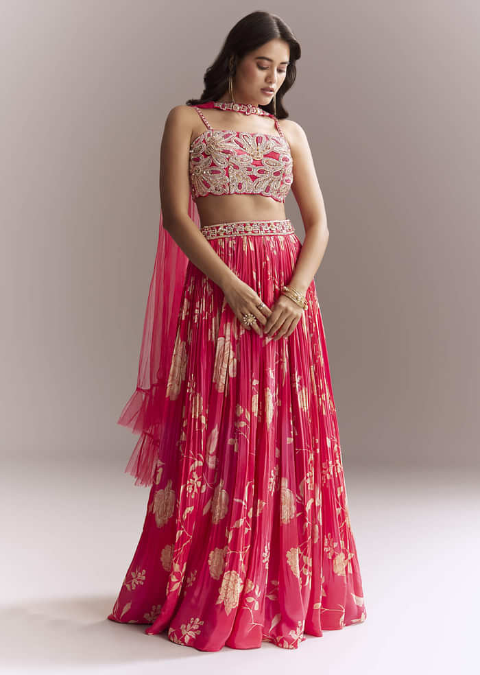 Pink Net Bridesmaid Lehenga With Floral Print And Heavy Embroidery