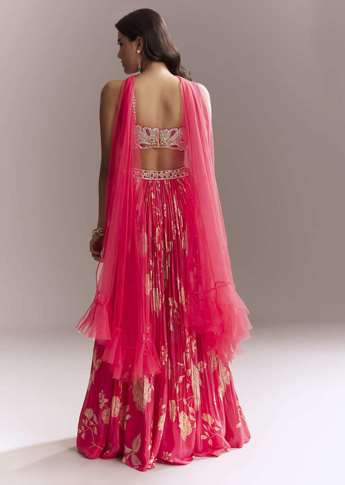 Pink Net Bridesmaid Lehenga With Floral Print And Heavy Embroidery