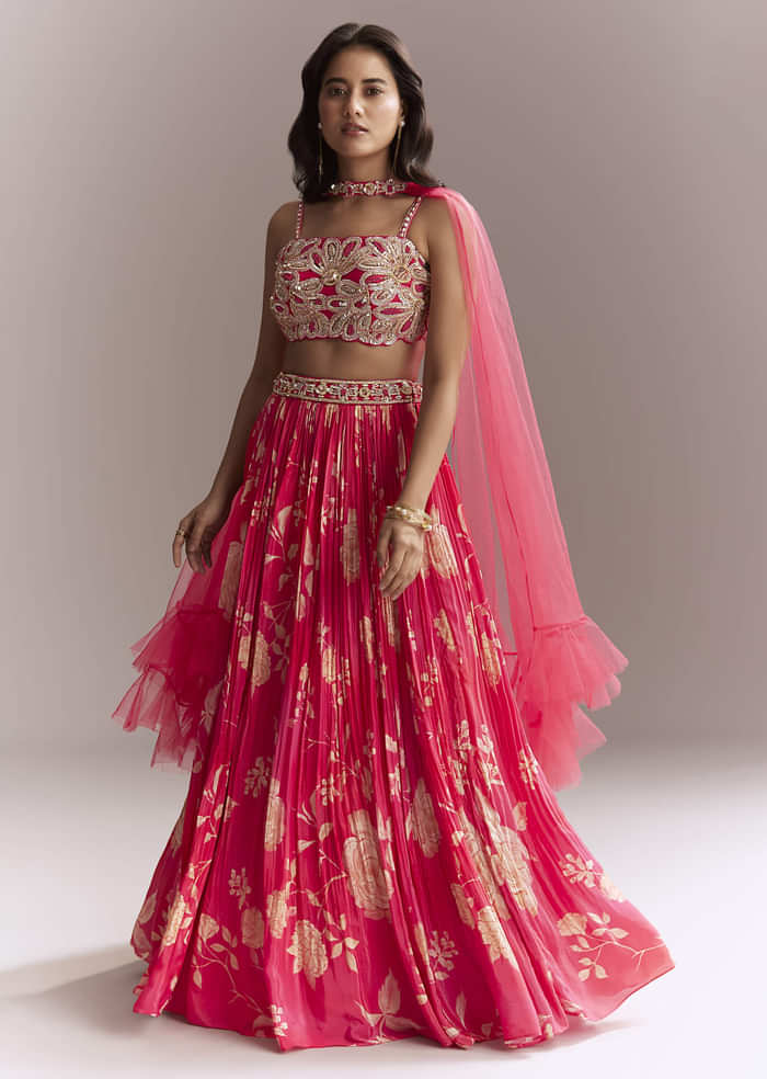 Pink Net Bridesmaid Lehenga With Floral Print And Heavy Embroidery