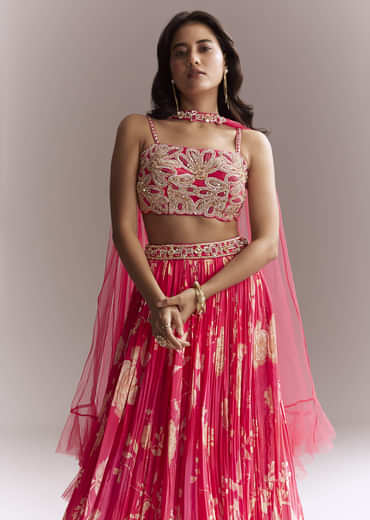Pink Net Bridesmaid Lehenga With Floral Print And Heavy Embroidery