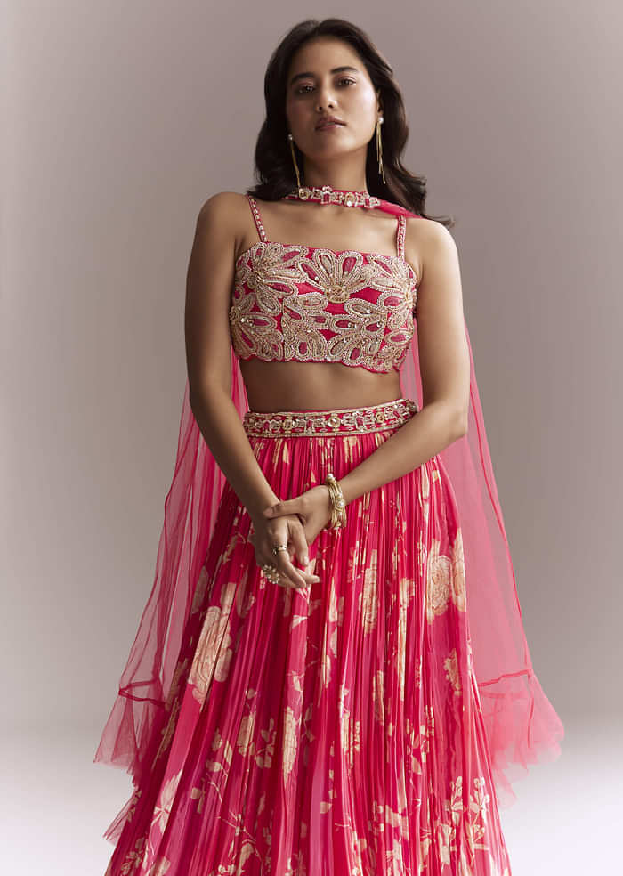 Pink Net Bridesmaid Lehenga With Floral Print And Heavy Embroidery
