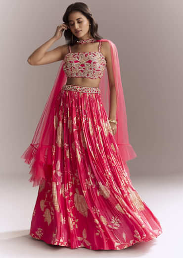 Pink Net Bridesmaid Lehenga With Floral Print And Heavy Embroidery