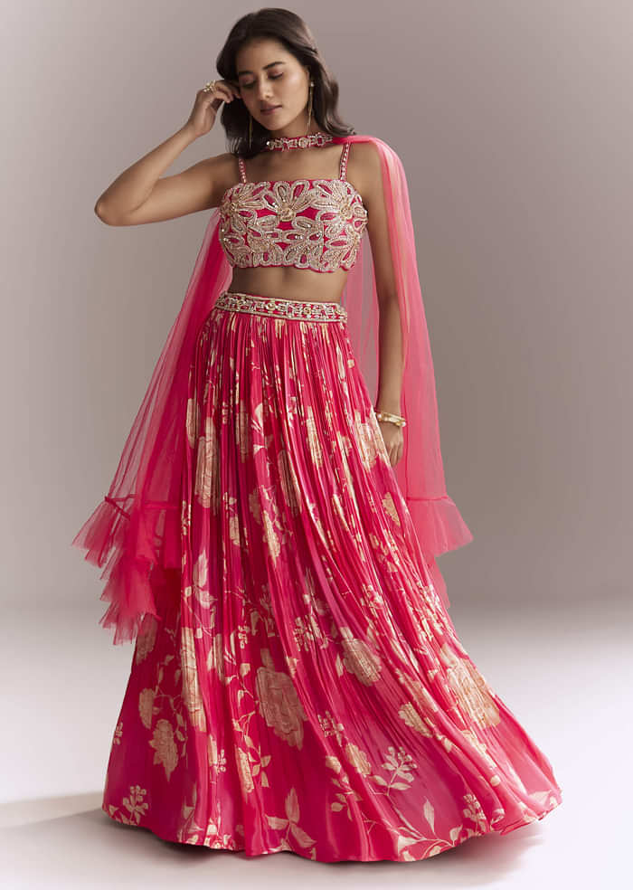 Pink Net Bridesmaid Lehenga With Floral Print And Heavy Embroidery