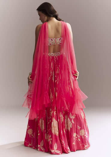 Pink Net Bridesmaid Lehenga With Floral Print And Heavy Embroidery