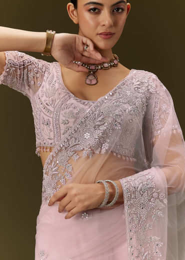 Pink Net Saree With All Over Embroidery