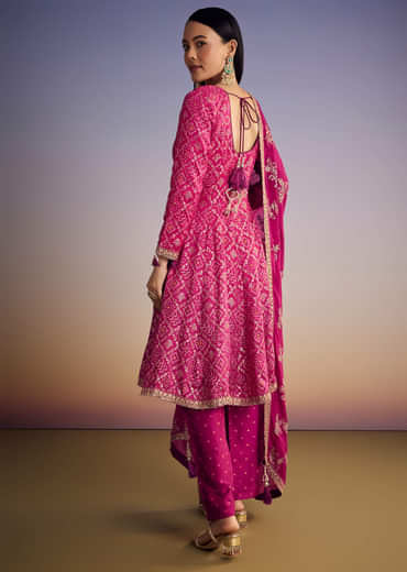 Pink Ombre Bandhani Anarkali Suit With Zardosi Neckline
