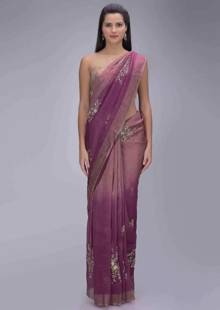 Pink ombre cotton silk saree with Victorian rose pink cotton silk blouse piece only on Kalki