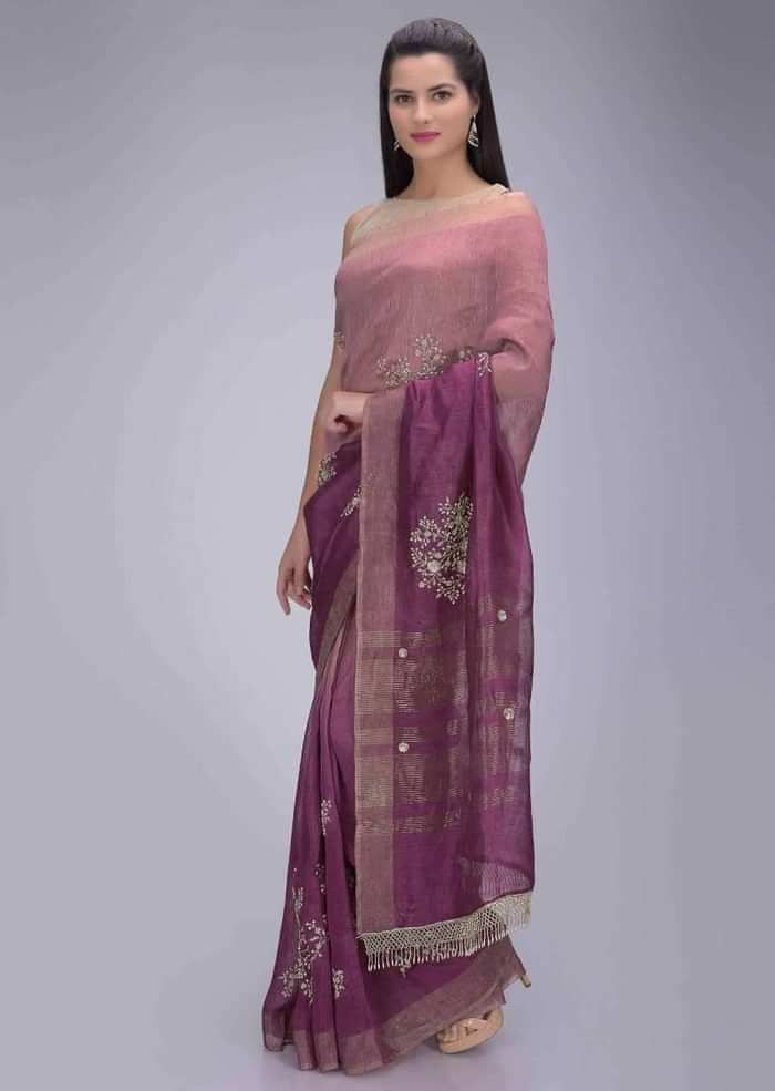 Pink ombre cotton silk saree with Victorian rose pink cotton silk blouse piece only on Kalki