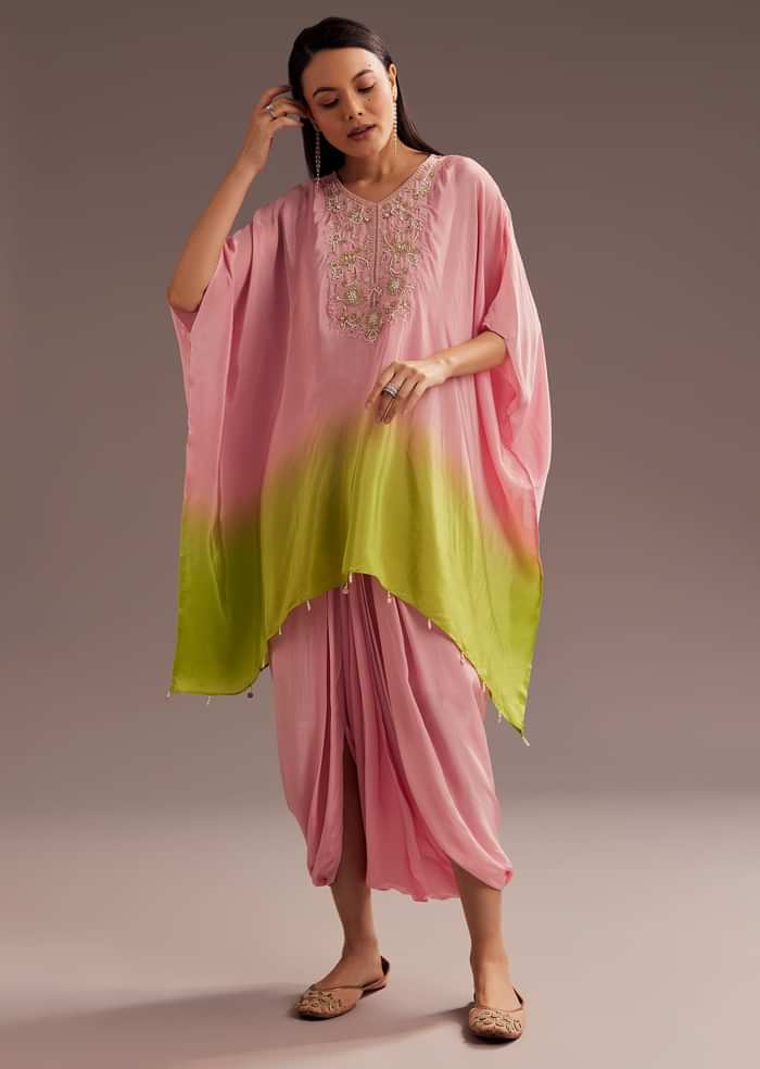 Pink Ombre Moti Zardosi Crepe Kaftan Kurta Dhoti Set
