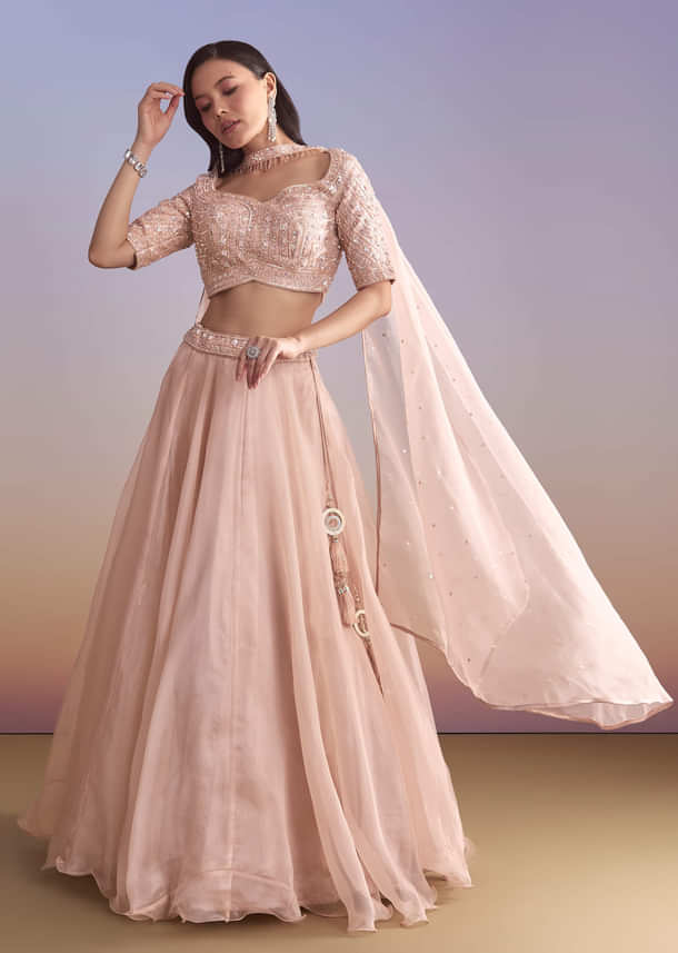 Pink Organza Bridesmaid Lehenga With Sequins And Cutdana Embroidery
