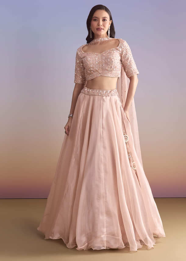 Pink Organza Bridesmaid Lehenga With Sequins And Cutdana Embroidery