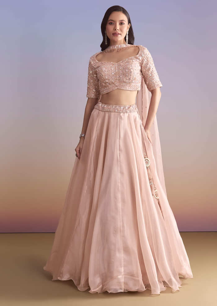 Pink Organza Bridesmaid Lehenga With Sequins And Cutdana Embroidery