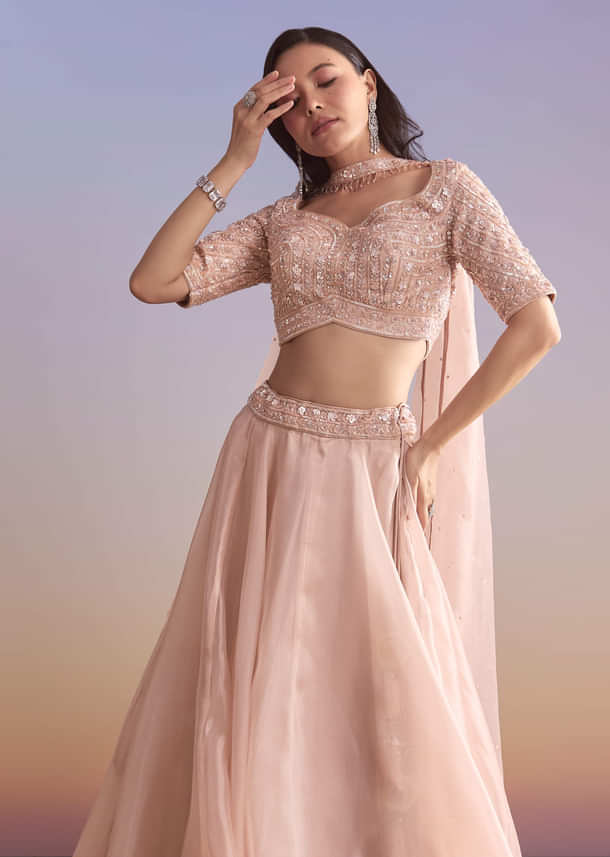 Pink Organza Bridesmaid Lehenga With Sequins And Cutdana Embroidery