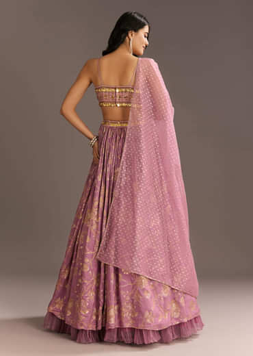 Pink Organza Double Layered Lehenga Set With Handwork Embroidery