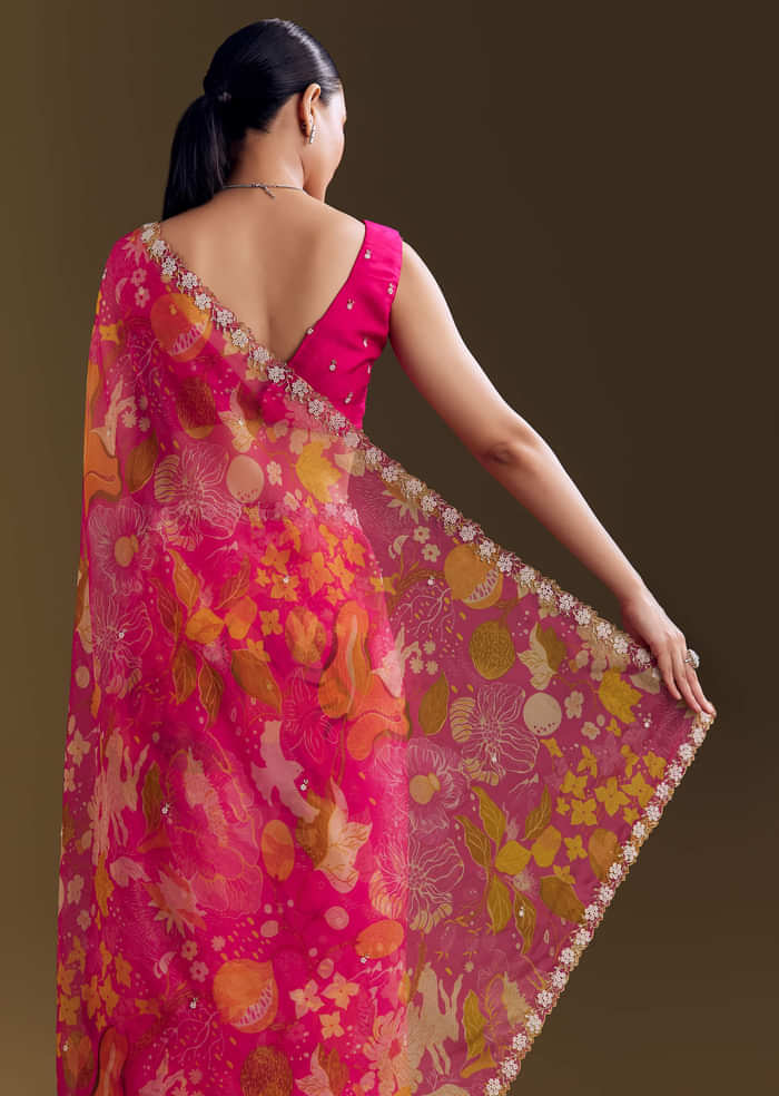 Pink Organza Floral Saree With Embellished Border