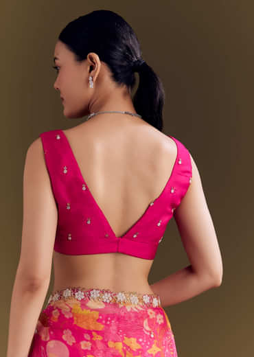 Pink Organza Floral Saree With Embellished Border
