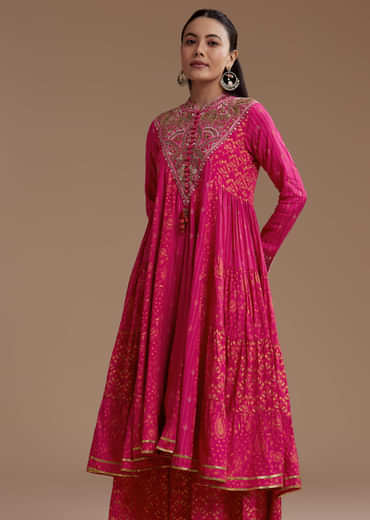 Pink Printed Flared Kurta and Palazzo Set