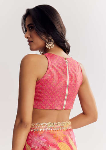 Pink Printed Tissue Lurex Saree With Zari Mirror And Cutdana Embroidery