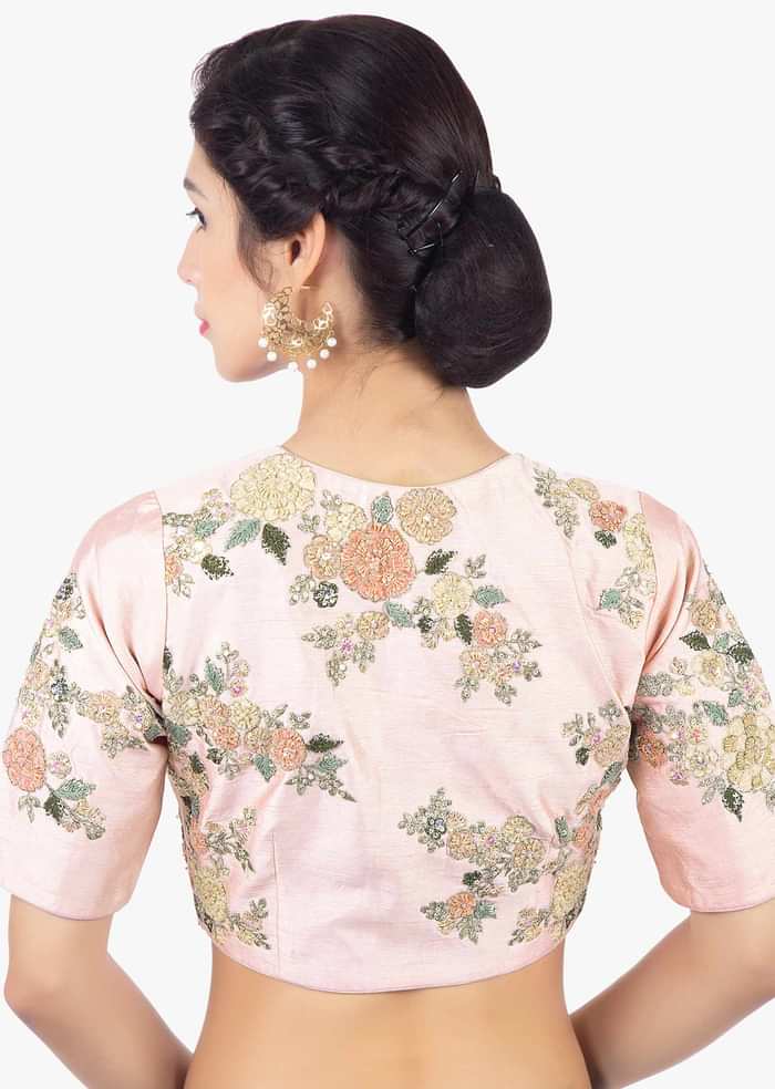 Pink Blouse In Raw Silk With Velvet And Zari Floral Embroidery Online - Kalki Fashion