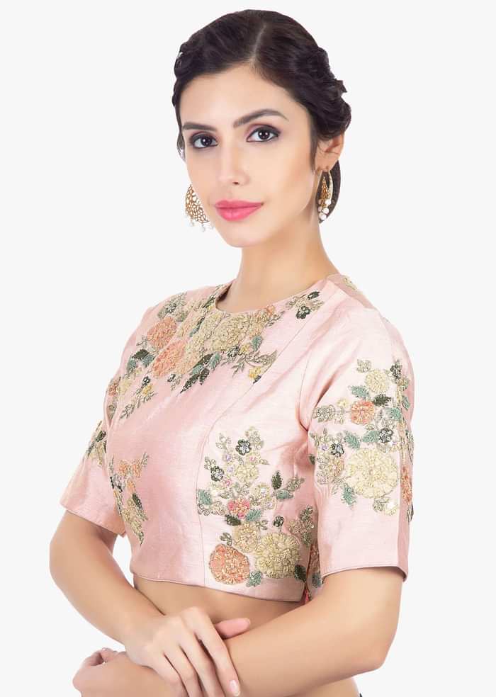 Pink Blouse In Raw Silk With Velvet And Zari Floral Embroidery Online - Kalki Fashion