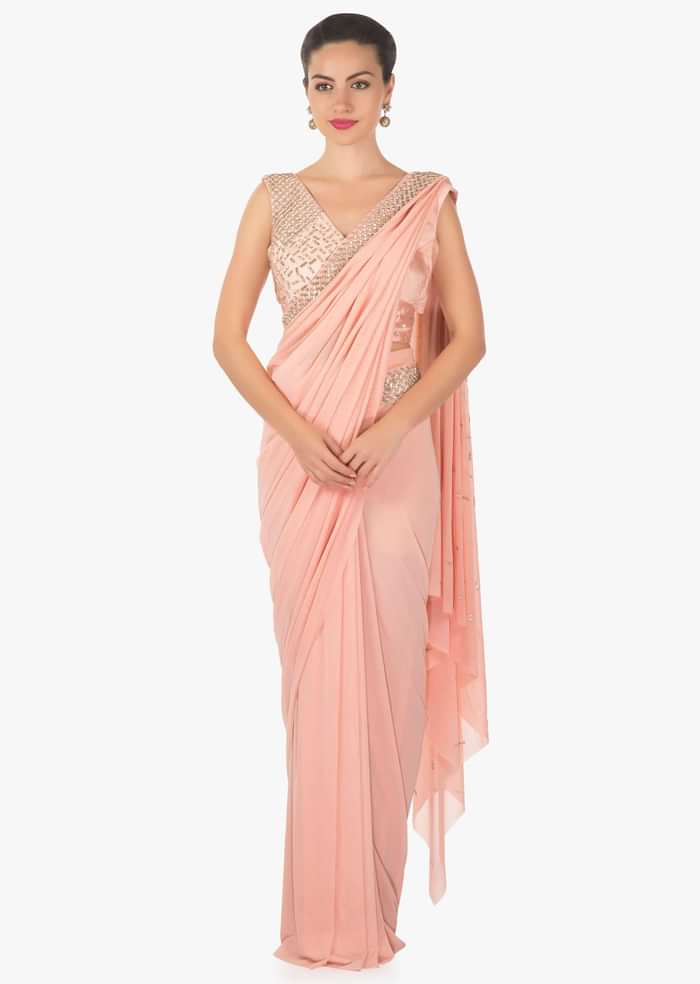 Pink ready pleated saree in lycra net embellished in kundan work only on Kalki