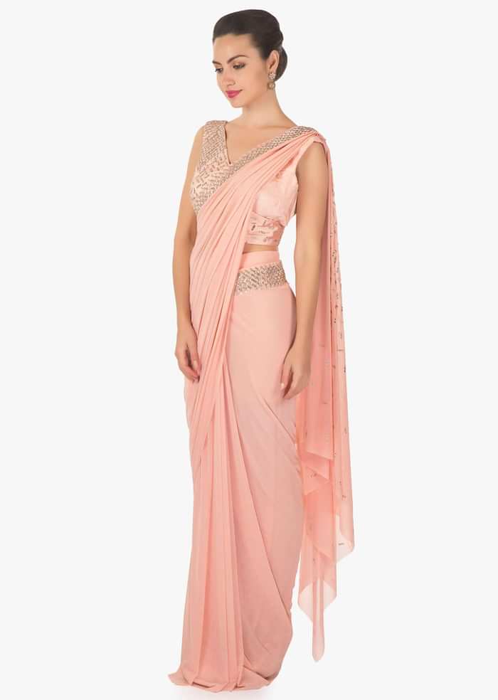 Pink ready pleated saree in lycra net embellished in kundan work only on Kalki