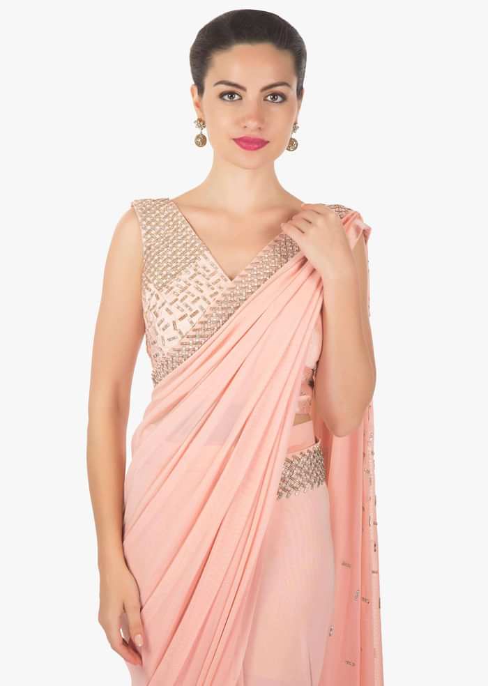 Pink ready pleated saree in lycra net embellished in kundan work only on Kalki