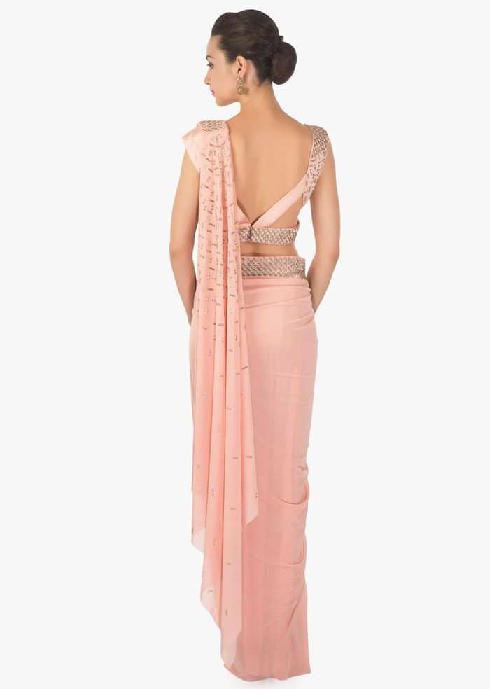 Pink ready pleated saree in lycra net embellished in kundan work only on Kalki