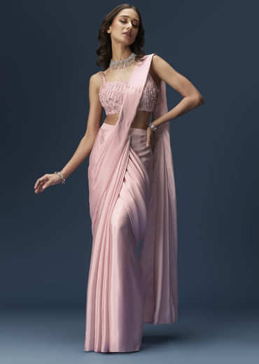 Pink Ready Pleated Saree With Embroidered Blouse