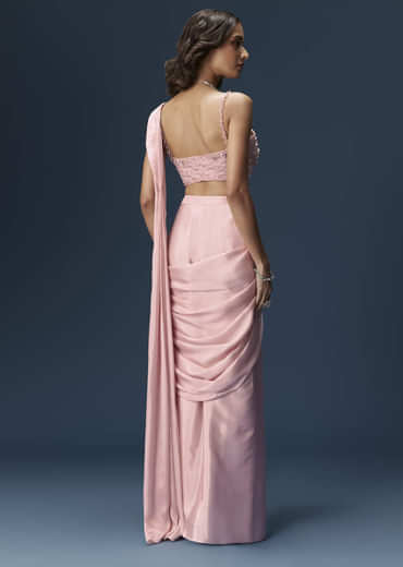 Pink Ready Pleated Saree With Embroidered Blouse