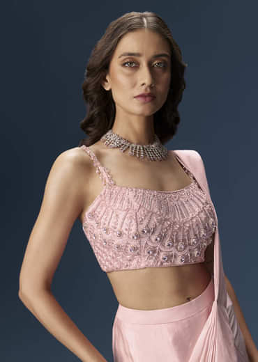 Pink Ready Pleated Saree With Embroidered Blouse