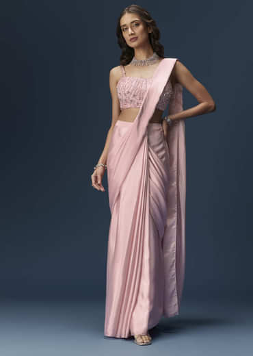 Pink Ready Pleated Saree With Embroidered Blouse